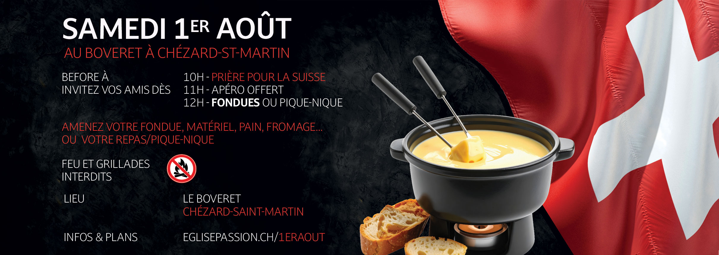 Sortie fondue 1er août 2026 église Passion au Boveret à Chézard