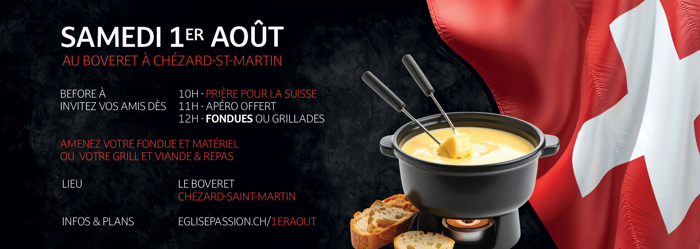 Sortie fondue 1er août 2026 église Passion au Boveret à Chézard Sortie fondue 1er août 2026 église Passion au Boveret à Chézard